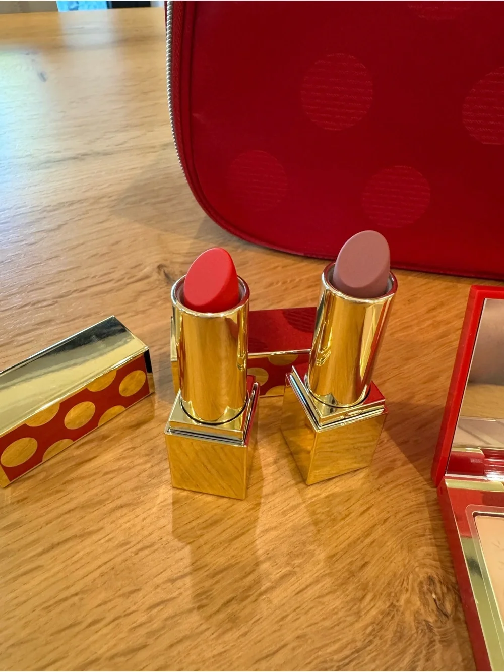 Estee Lauder Red Cosmetic Bag with Lipstick and Eyeshadow